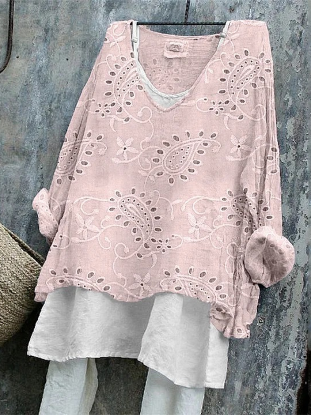 Retro Paisley V-Ausschnitt Langarm T-Shirt