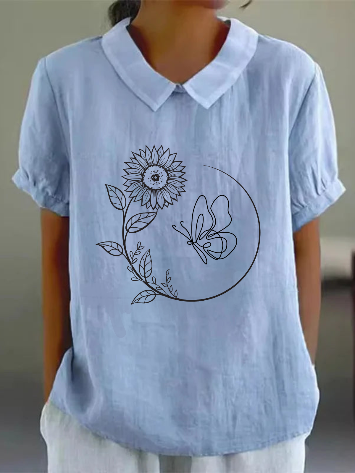 Schalkragen Halbarm Sonnenblume Regelmäßig Weit Bluse für Damen