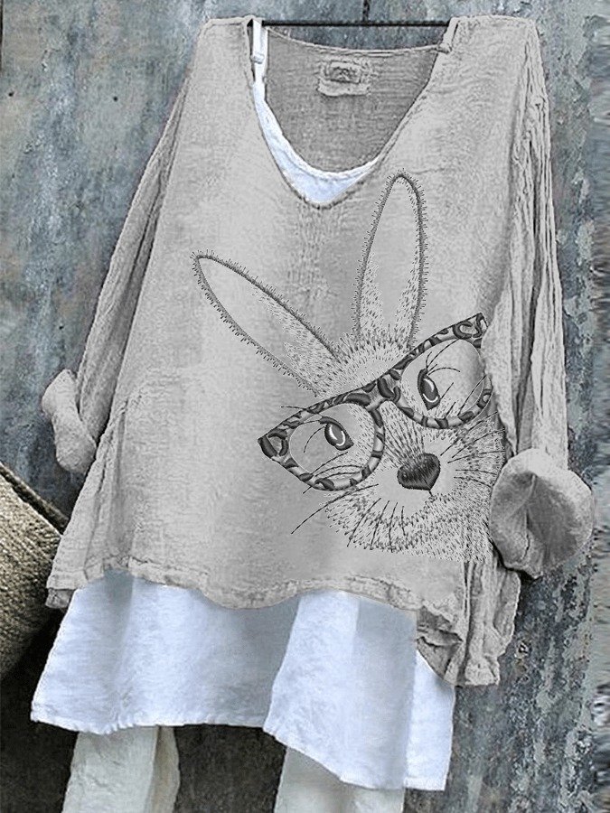 Retro OSTERN (Kaninchen) V-Ausschnitt Langarm T-Shirt