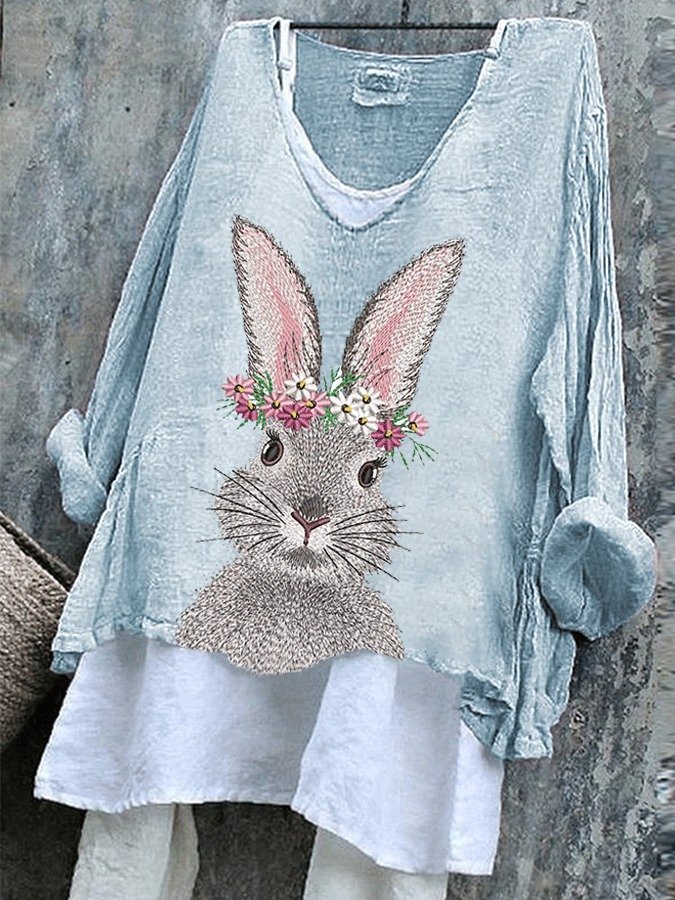 Retro OSTERN (Kaninchen) V-Ausschnitt Langarm T-Shirt