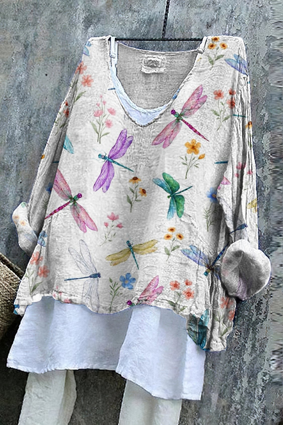 Lässig Geblümt V-Ausschnitt Langarm T-Shirt