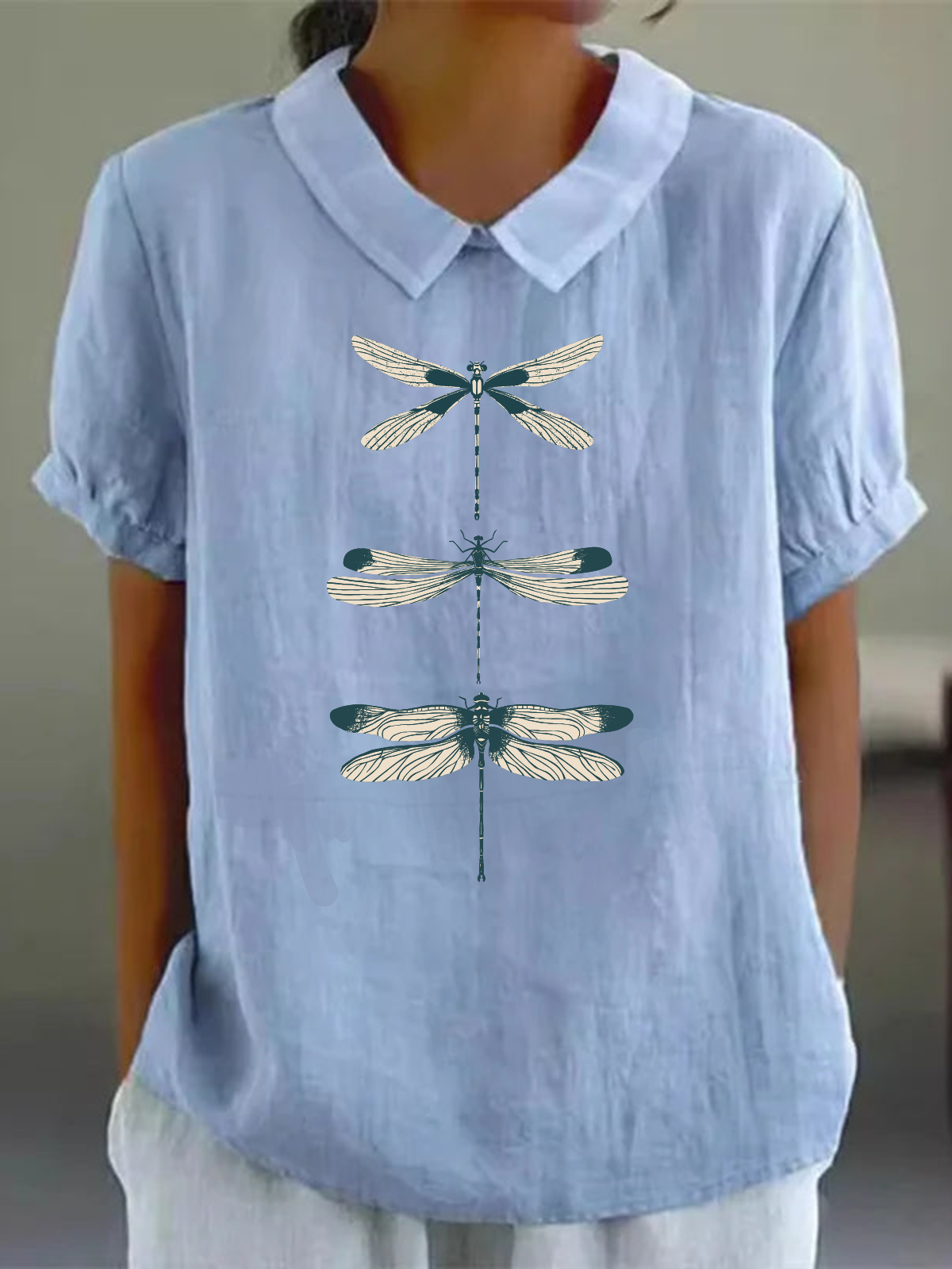 Schalkragen Halbarm Libelle Regelmäßig Weit Bluse für Damen