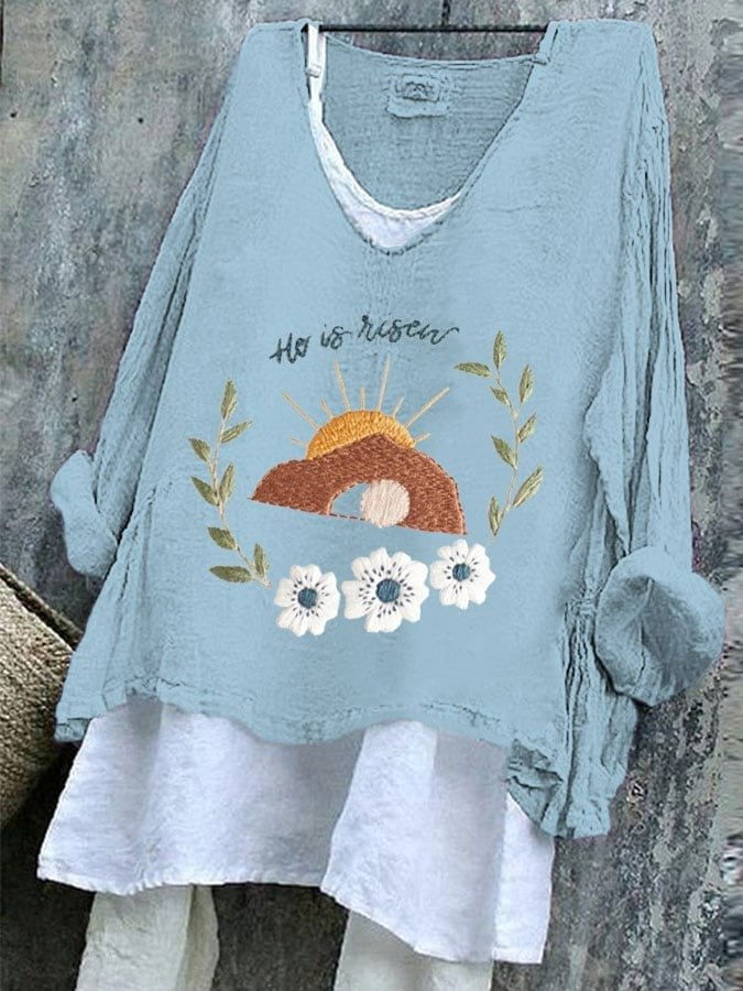Retro OSTERN (Ei) V-Ausschnitt Langarm T-Shirt
