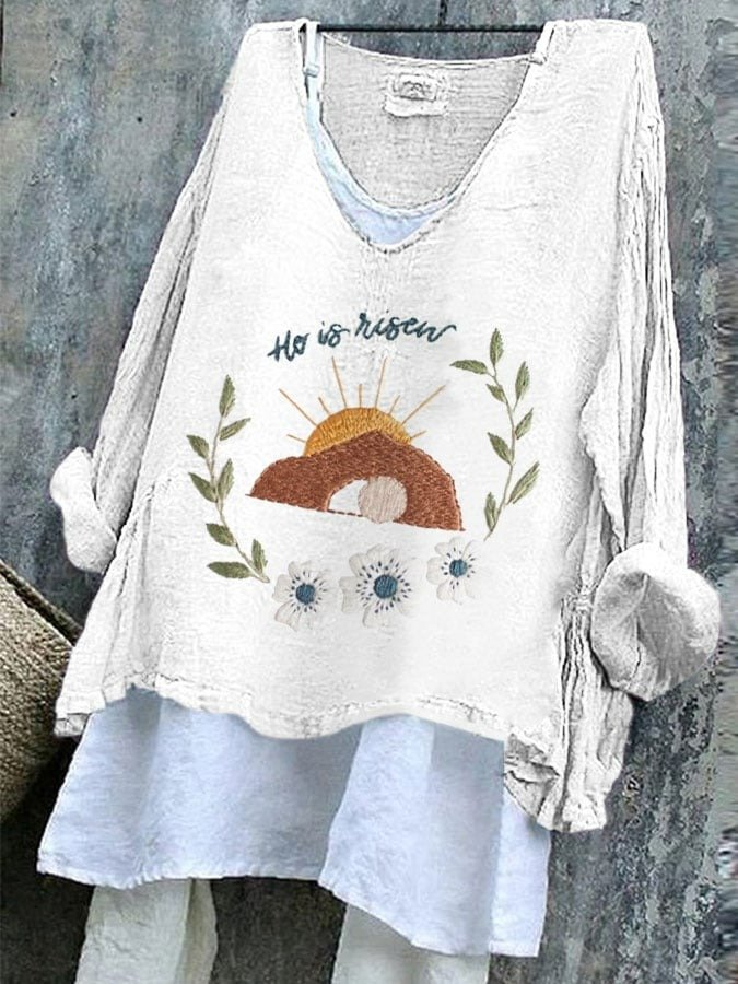Retro OSTERN (Ei) V-Ausschnitt Langarm T-Shirt