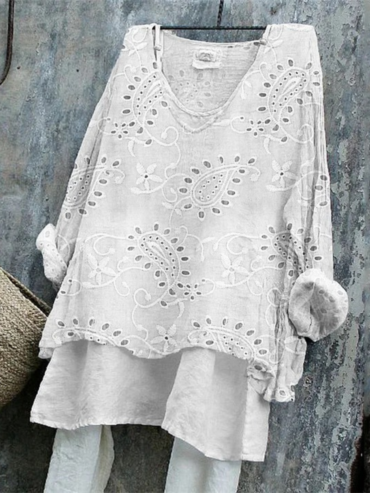 Retro Paisley V-Ausschnitt Langarm T-Shirt