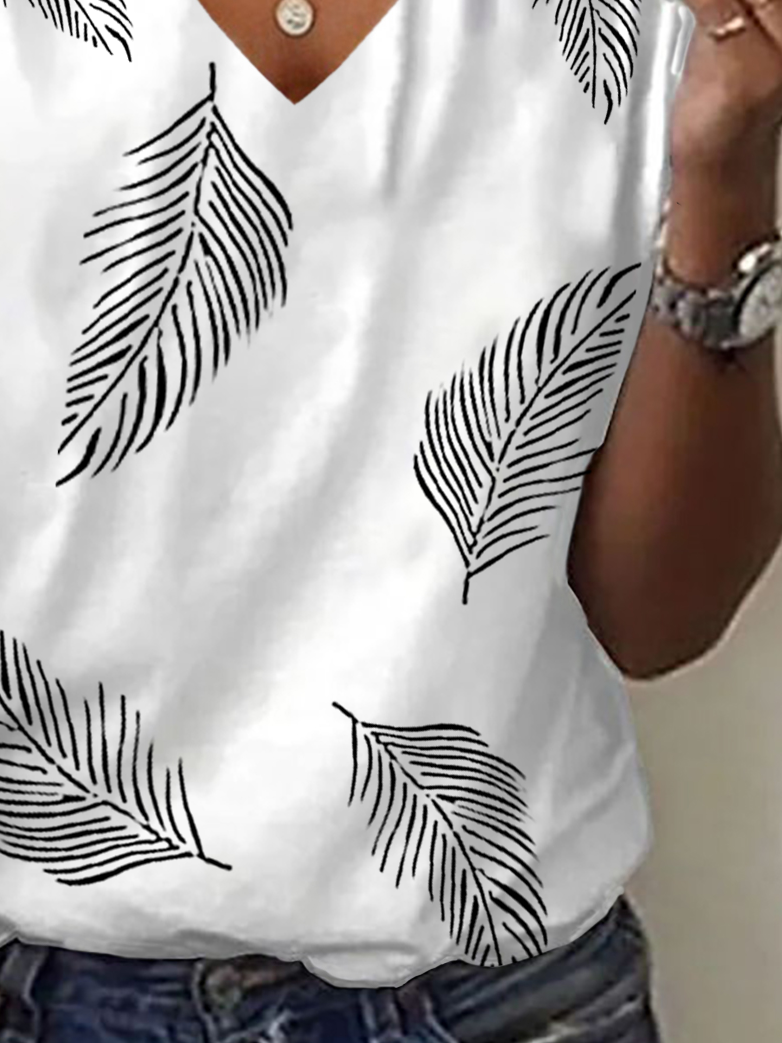 Lässig Feder V-Ausschnitt Kurzarm T-Shirt