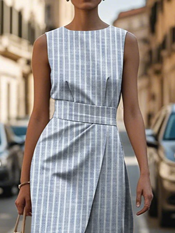 Damen Gestreift Rundhals Ärmellos Bequem Retro Print Maxikleid
