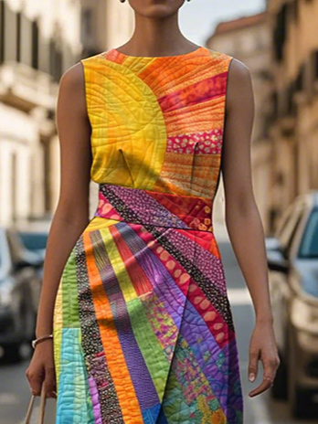 Damen Hippie Rundhals Ärmellos Bequem Retro Print Maxikleid