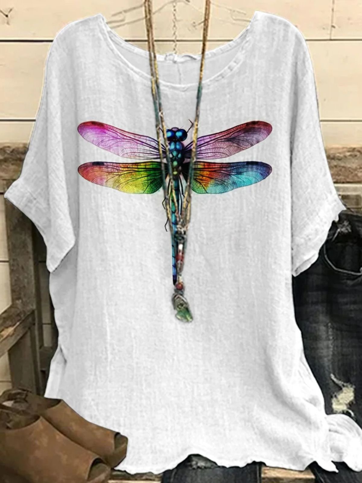 Retro Libelle Rundhals Dreiviertelärmel T-Shirt