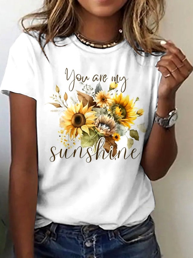 Lässig Geblümt Rundhals Kurzarm T-Shirt