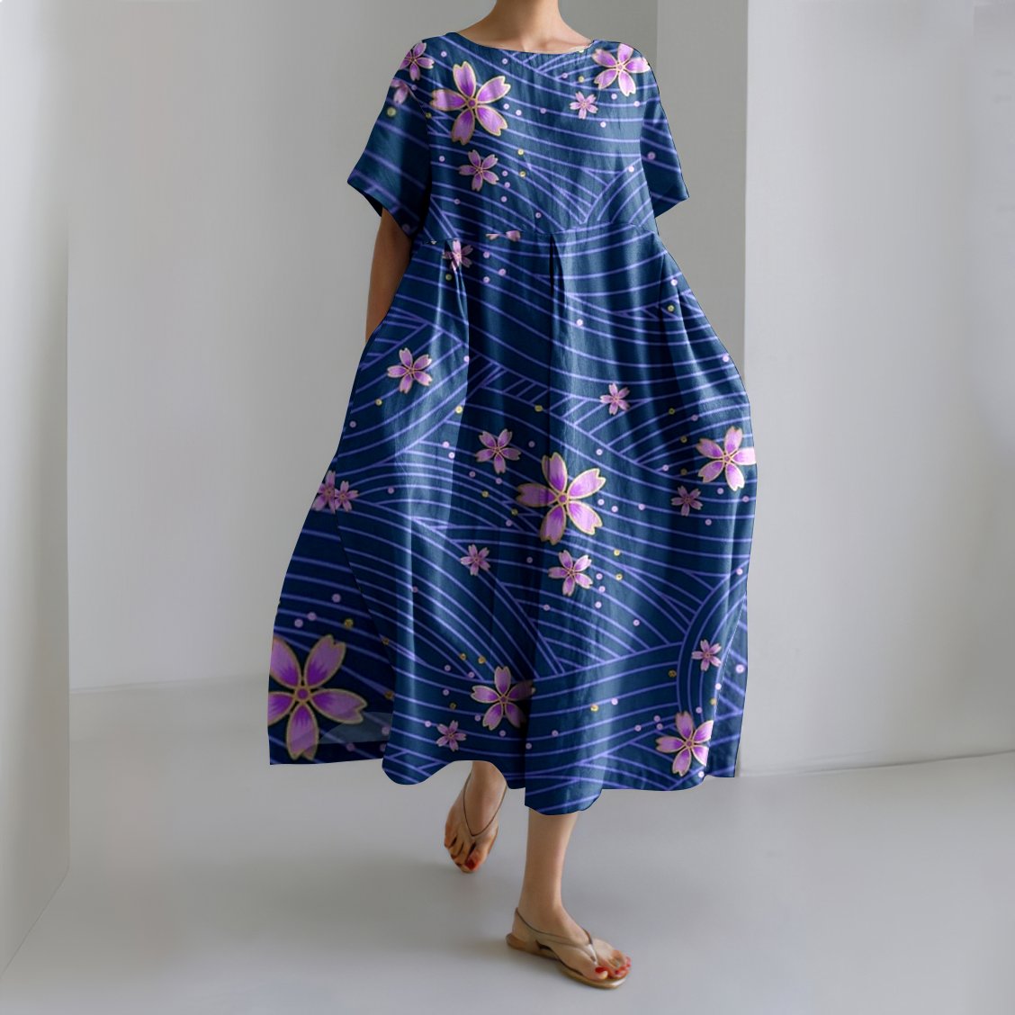 Damen Geblümt Rundhals Kurzarm Bequem Lässig Maxikleid