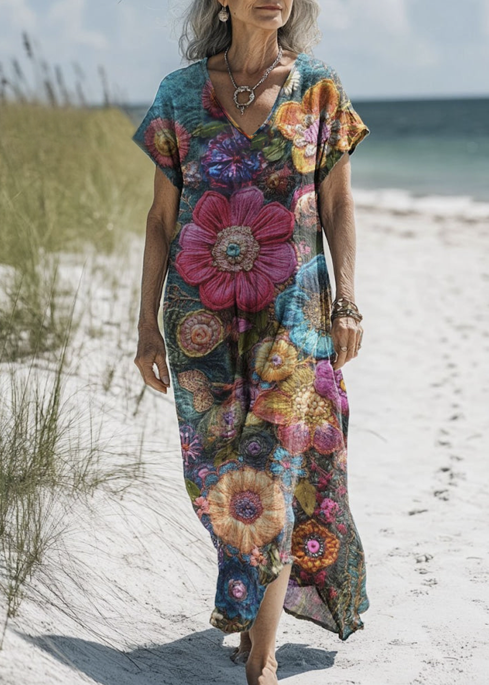 Damen Geblümt V-Ausschnitt Kurzarm Bequem Lässig Maxikleid