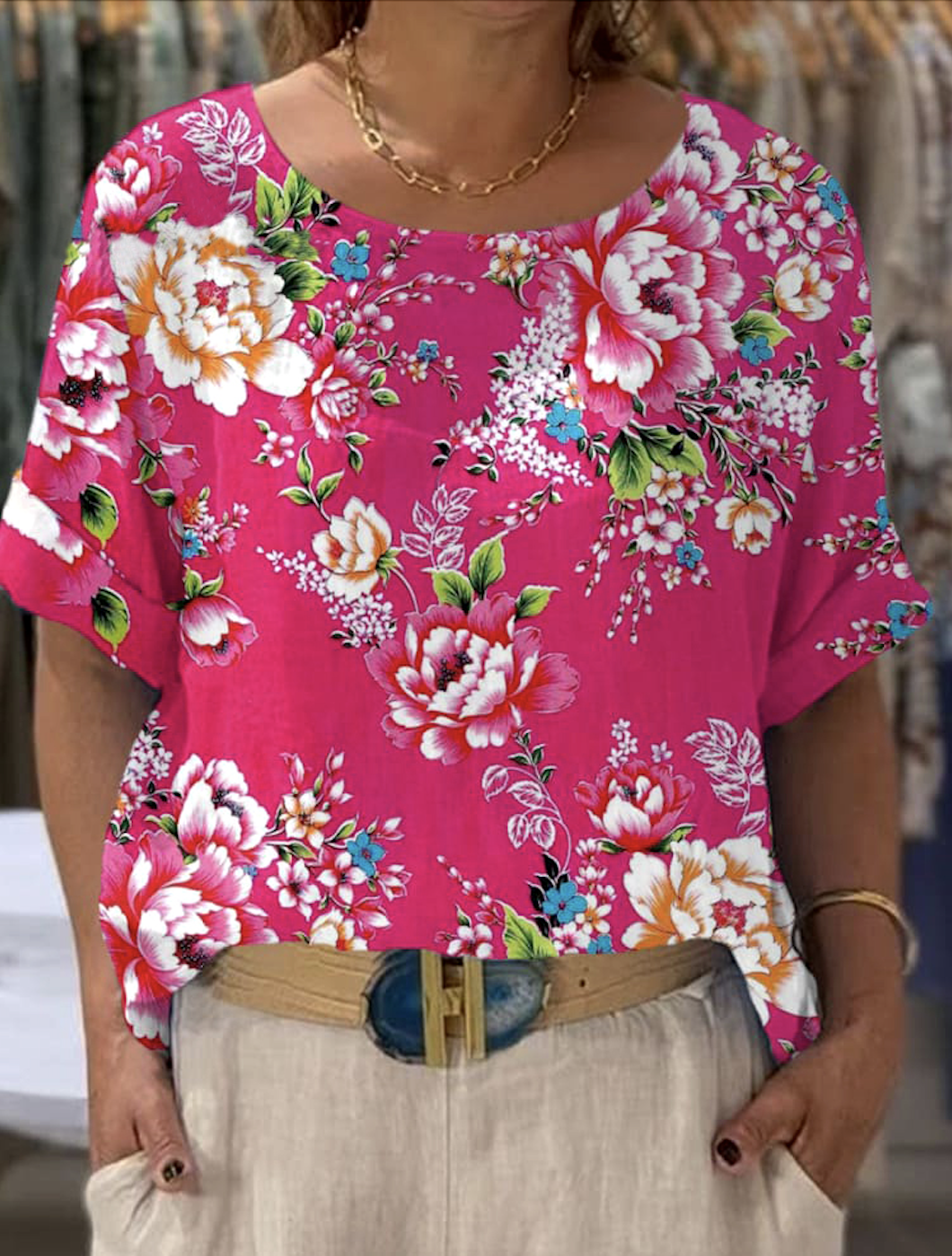 Lässig Geblümt Rundhals Kurzarm T-Shirt