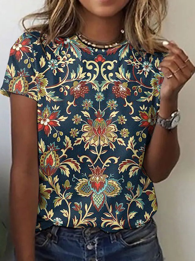 Lässig Geblümt Rundhals Kurzarm T-Shirt