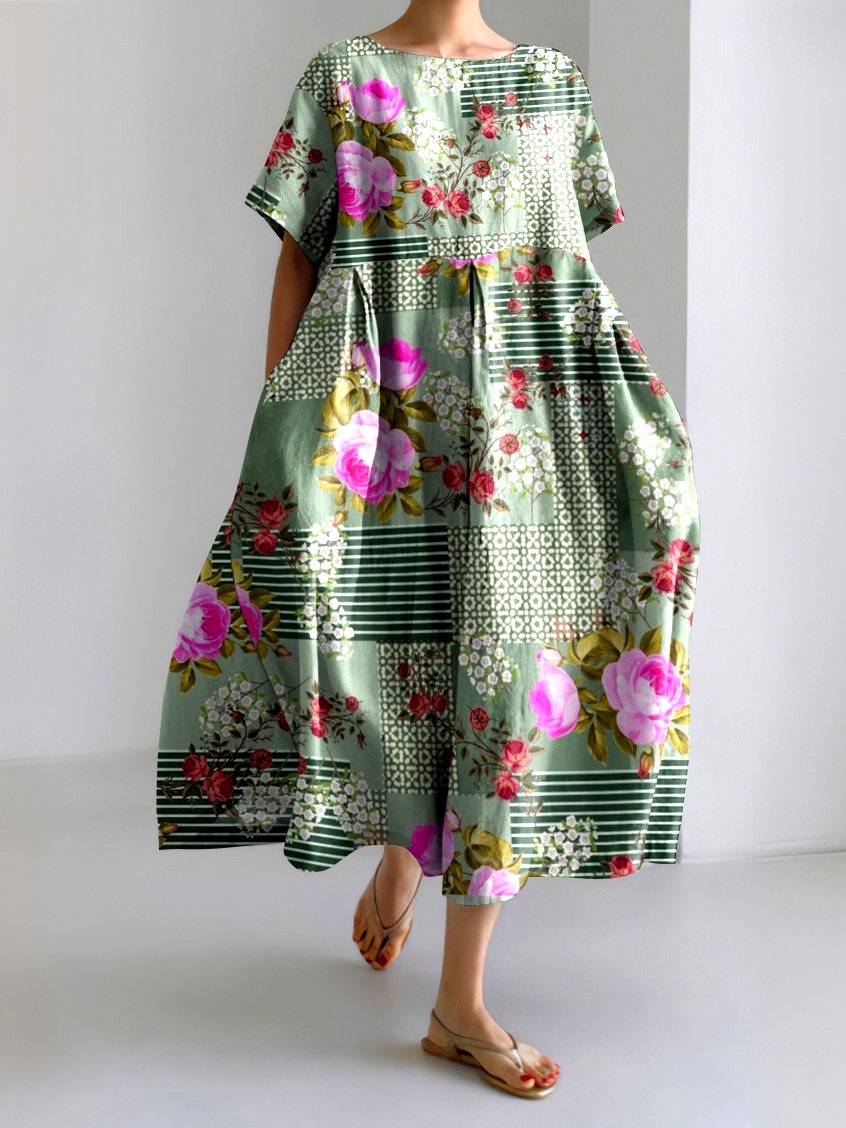 Damen Geblümt Rundhals Kurzarm Bequem Lässig Maxikleid