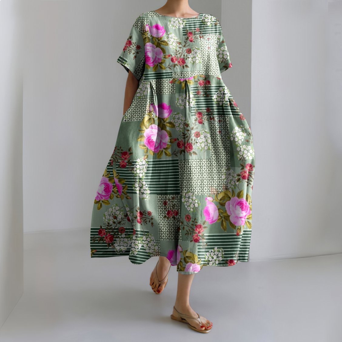 Damen Geblümt Rundhals Kurzarm Bequem Lässig Maxikleid