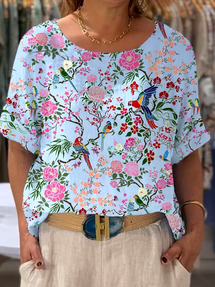 Lässig Geblümt Rundhals Kurzarm T-Shirt