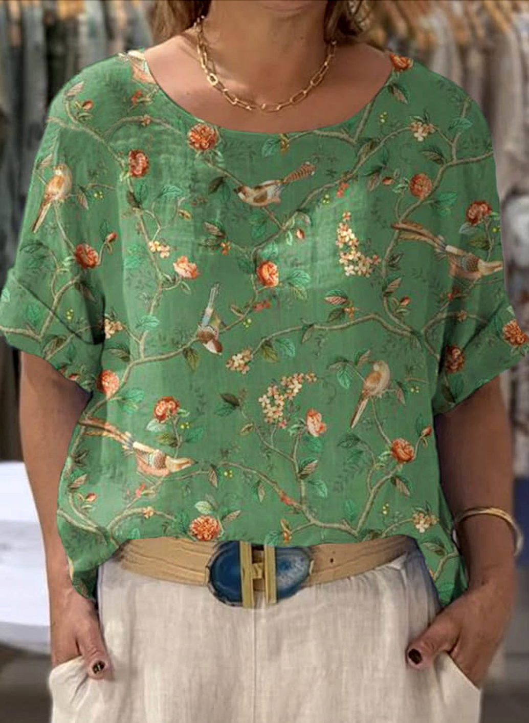 Lässig Geblümt Rundhals Kurzarm T-Shirt