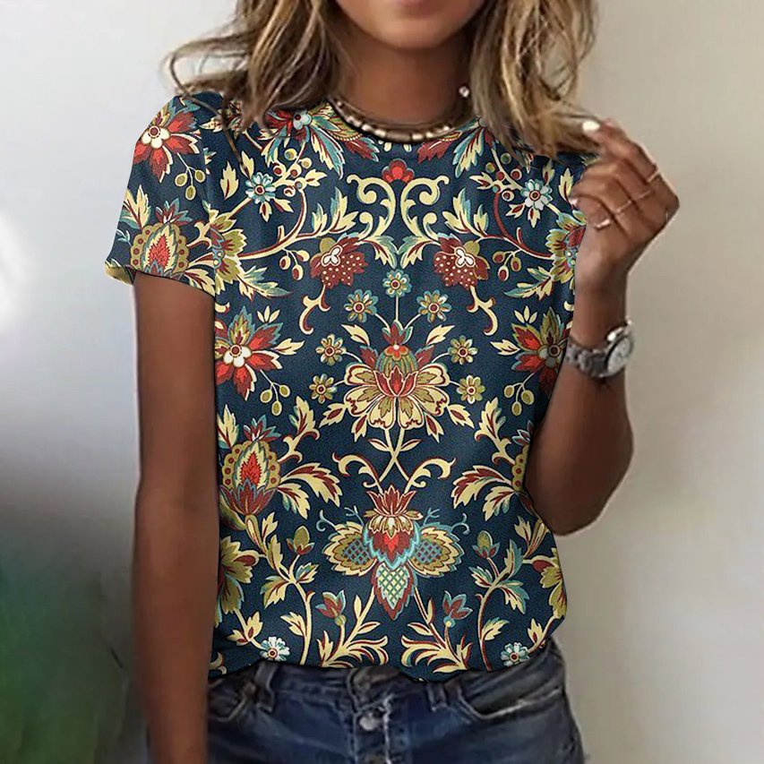 Lässig Geblümt Rundhals Kurzarm T-Shirt