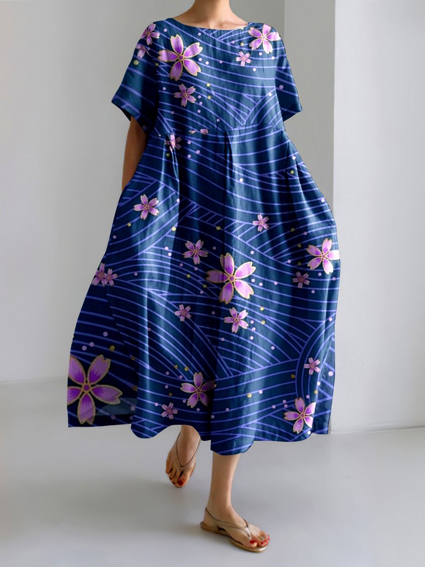 Damen Geblümt Rundhals Kurzarm Bequem Lässig Maxikleid