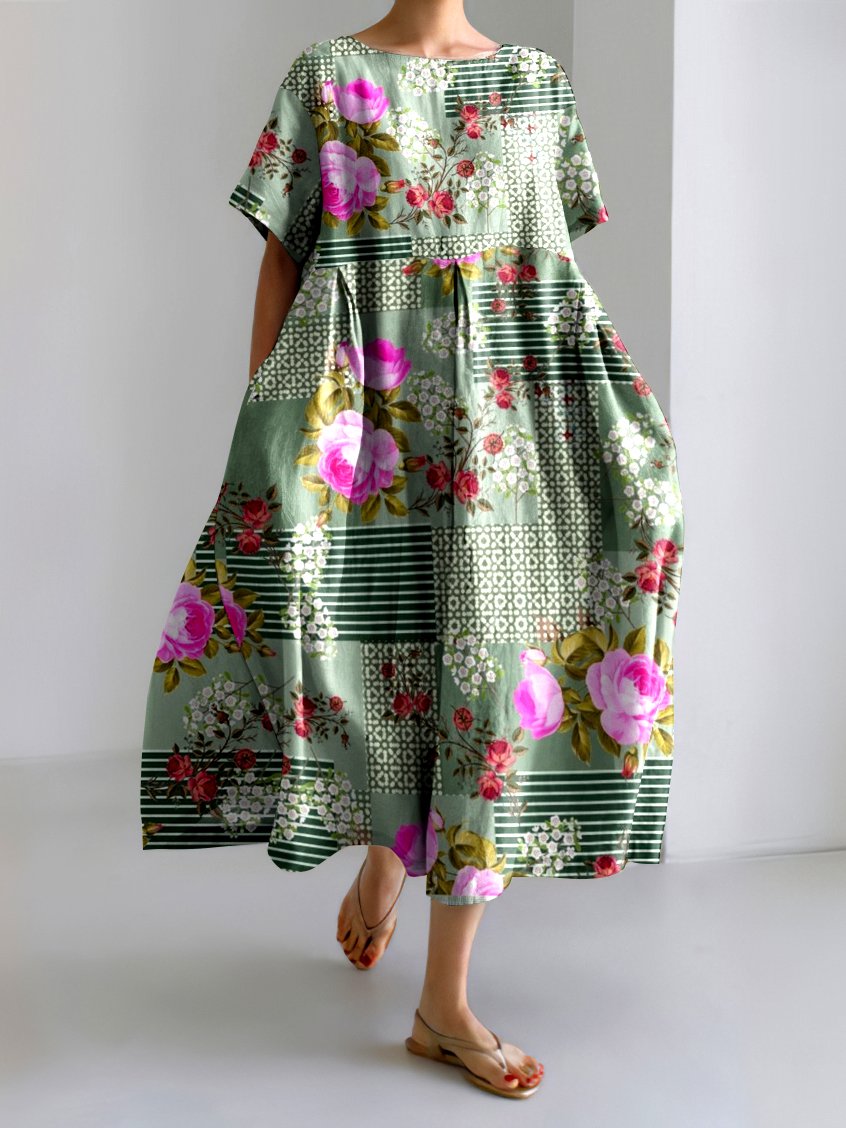 Damen Geblümt Rundhals Kurzarm Bequem Lässig Maxikleid