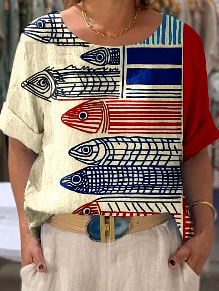 Lässig Geometrisch Rundhals Kurzarm T-Shirt