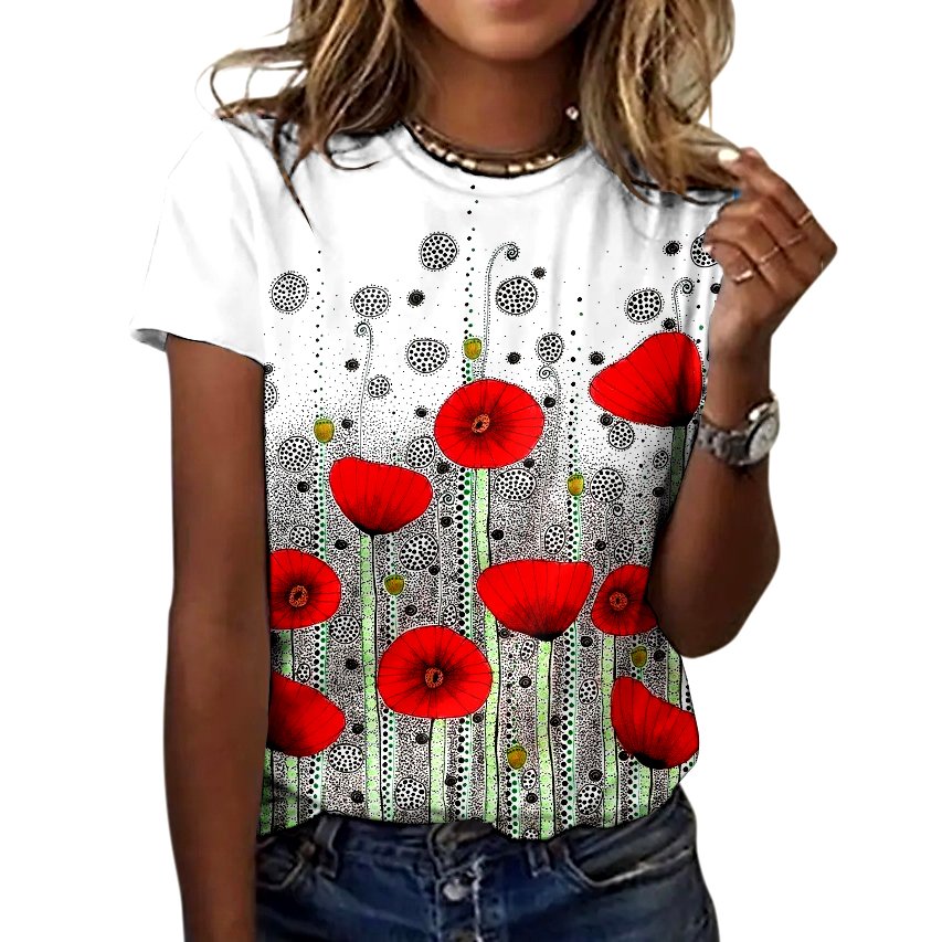 Lässig Geblümt Rundhals Kurzarm T-Shirt