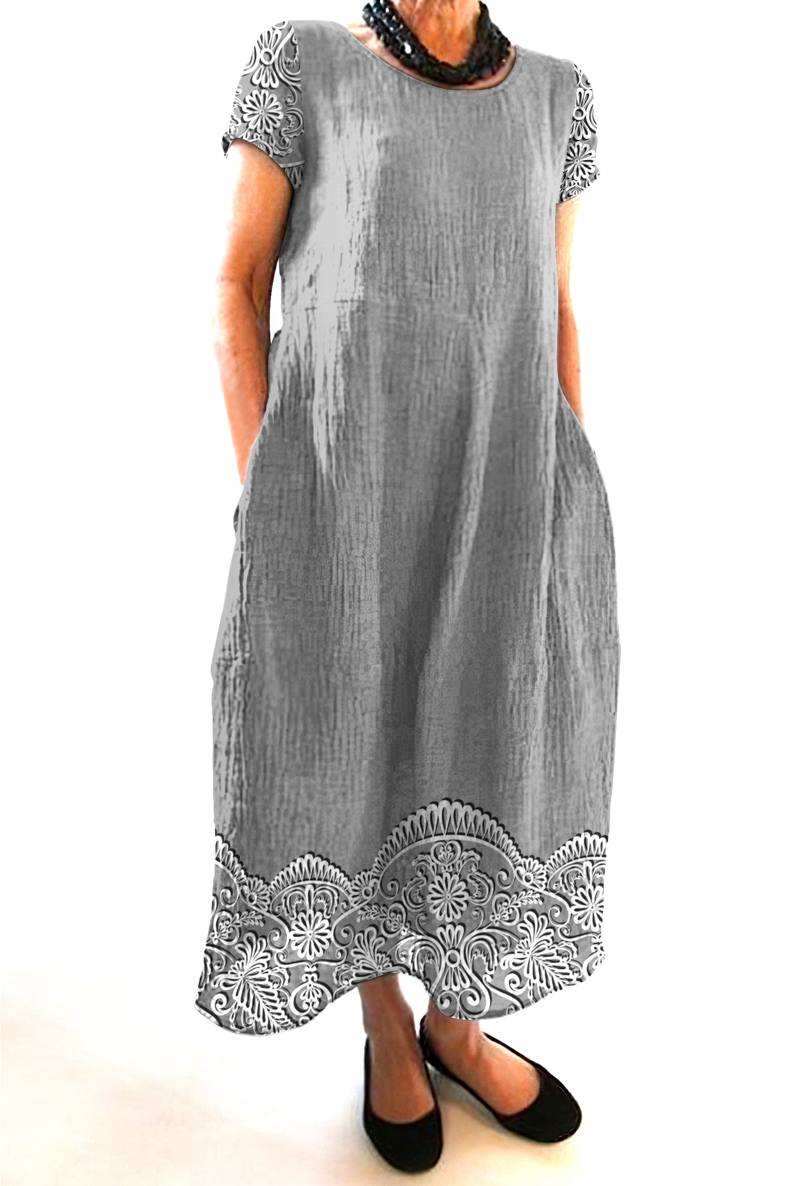 Damen Geblümt Rundhals Kurzarm Bequem Lässig Maxikleid