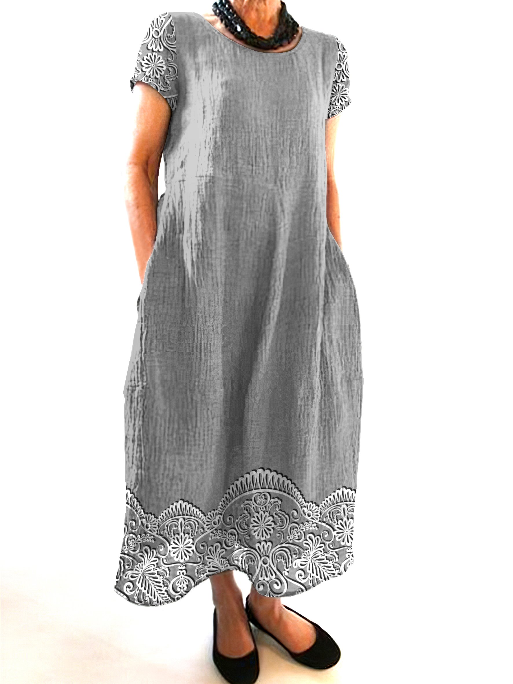 Damen Geblümt Rundhals Kurzarm Bequem Lässig Maxikleid