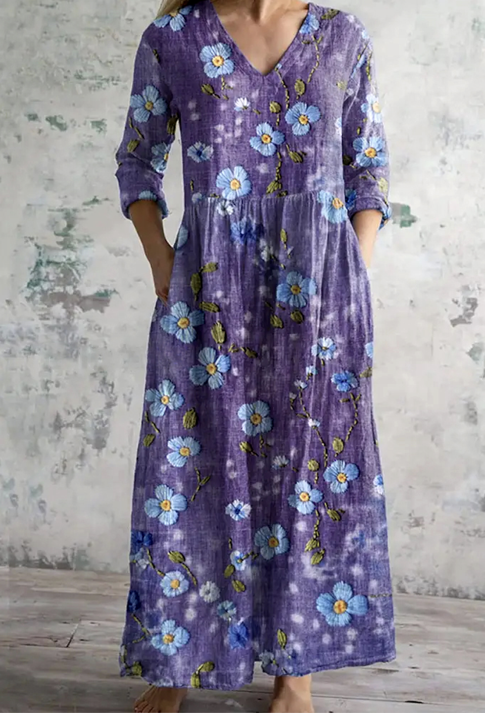 Damen Geblümt Rundhals Langarm Bequem Lässig Maxikleid