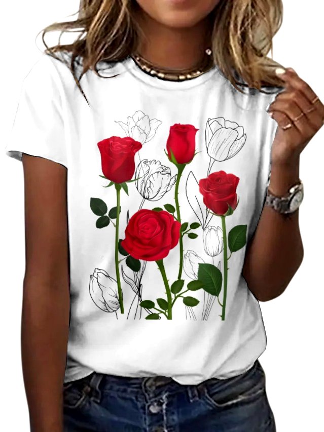 Lässig Geblümt Rundhals Kurzarm T-Shirt