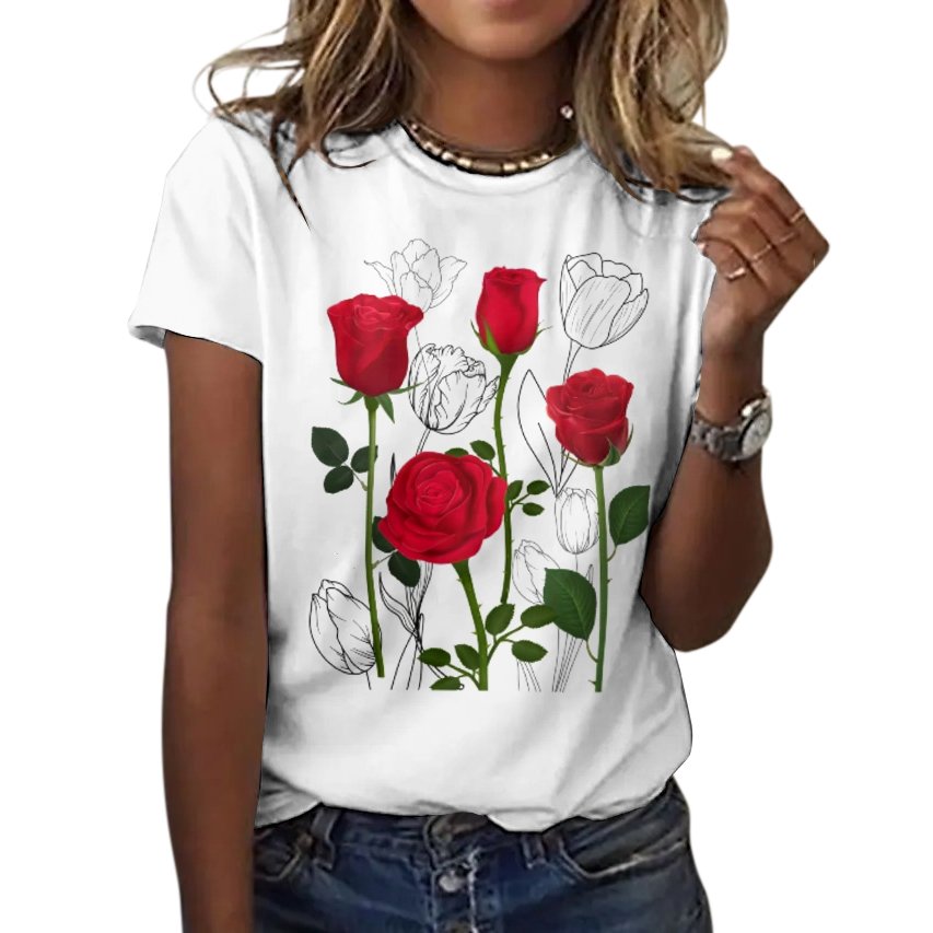Lässig Geblümt Rundhals Kurzarm T-Shirt
