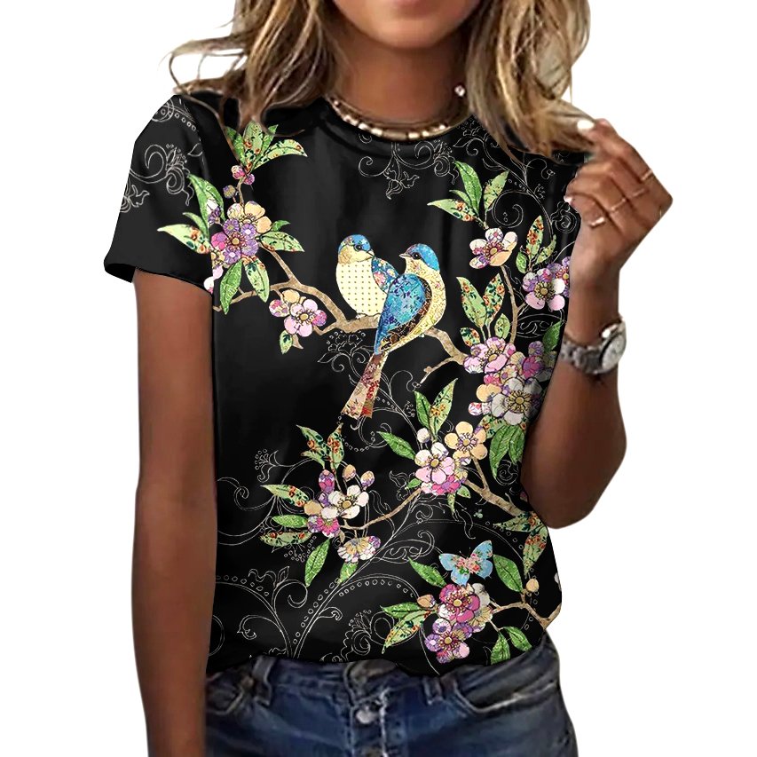 Lässig Geblümt Rundhals Kurzarm T-Shirt