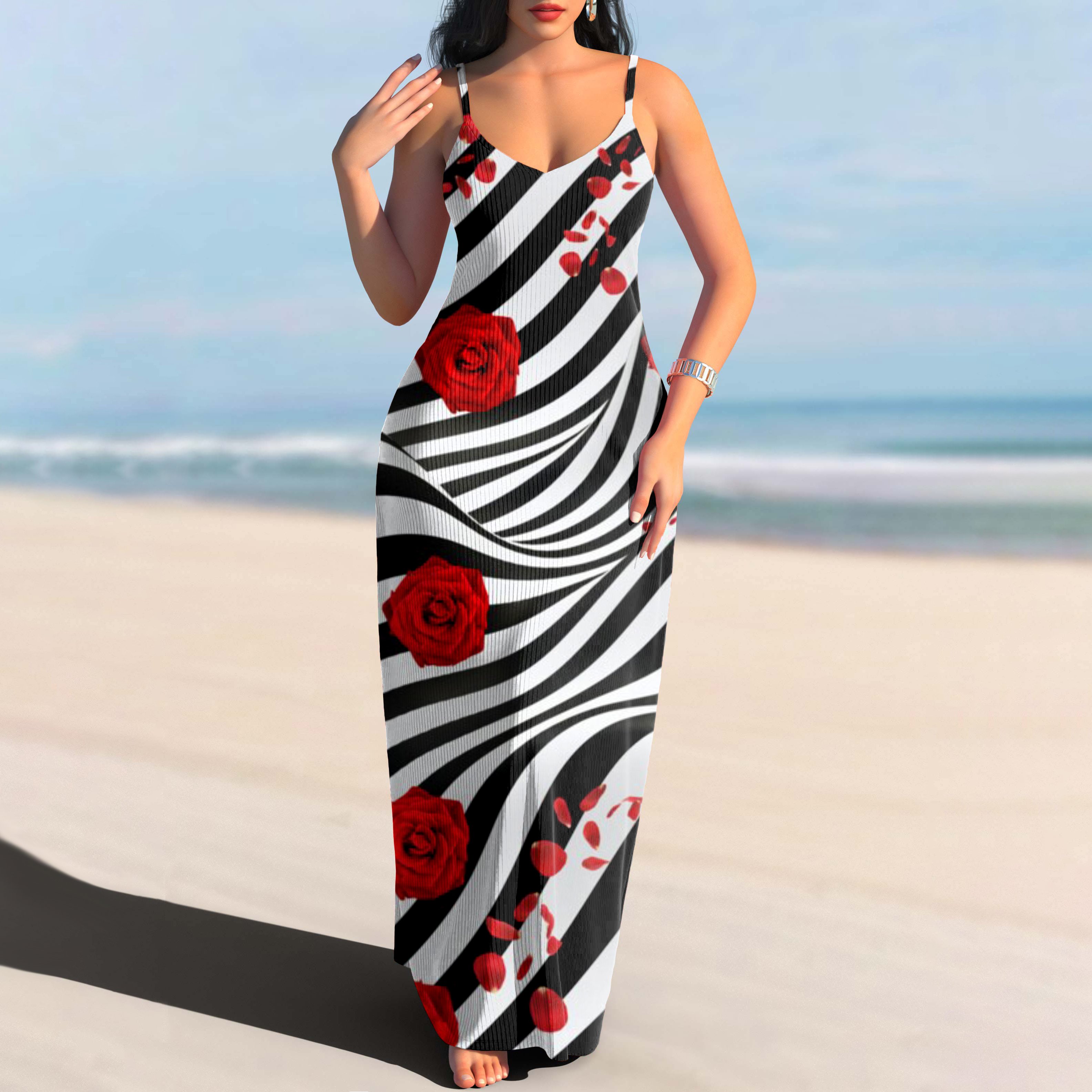 Damen Geometrisch Spaghettiträger Ärmellos Bequem Lässig Maxikleid