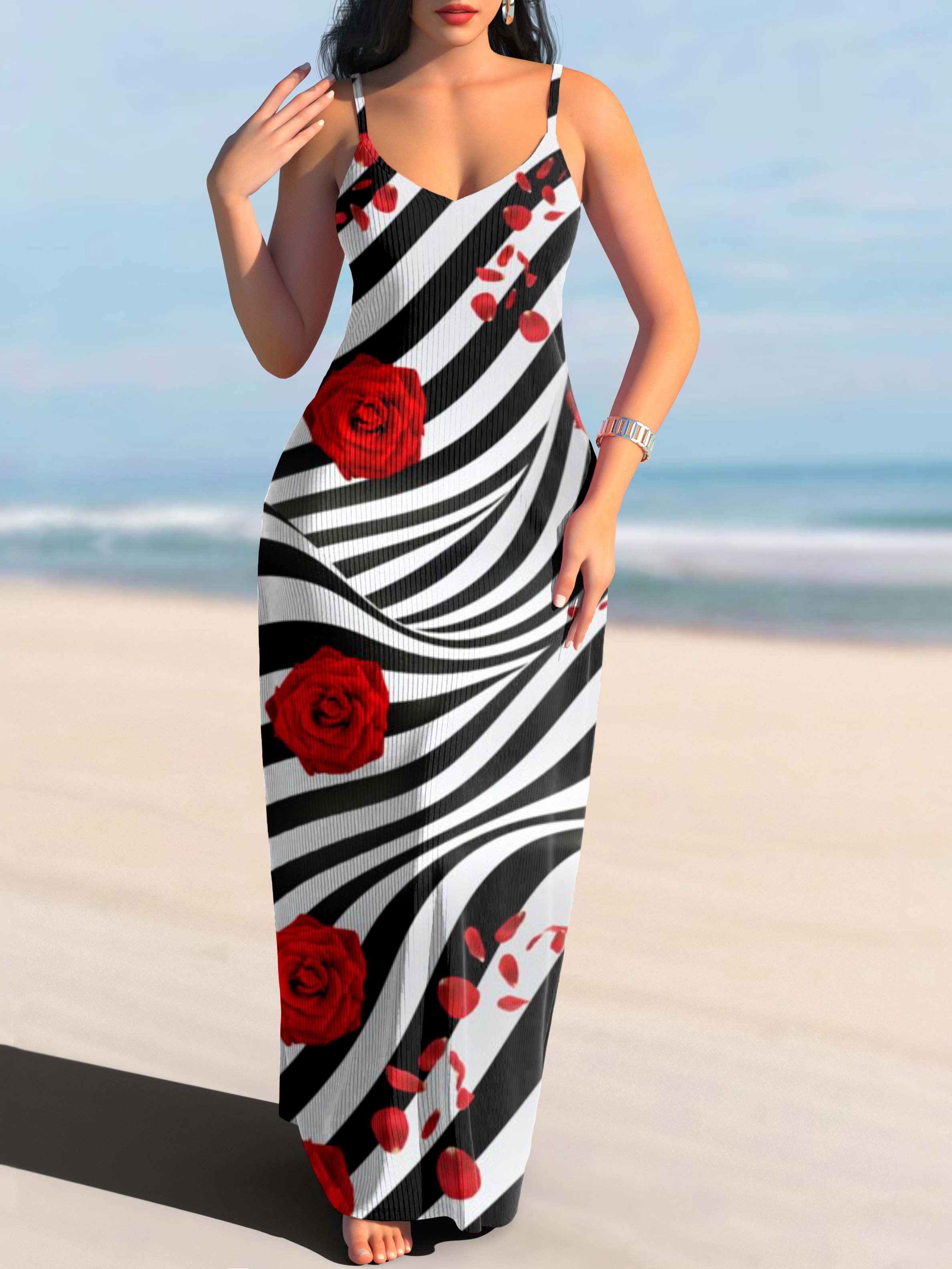 Damen Geometrisch Spaghettiträger Ärmellos Bequem Lässig Maxikleid