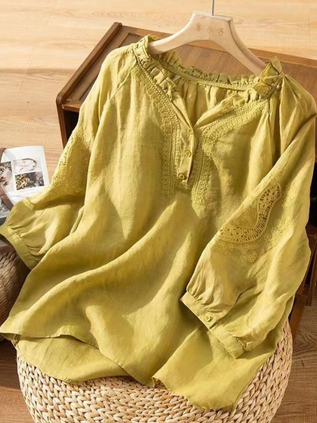Lotus Blattkragen Langarm Unifarben Regelmäßig Weit Bluse für Damen