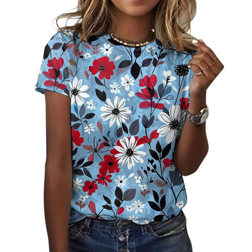 Lässig Geblümt Rundhals Kurzarm T-Shirt