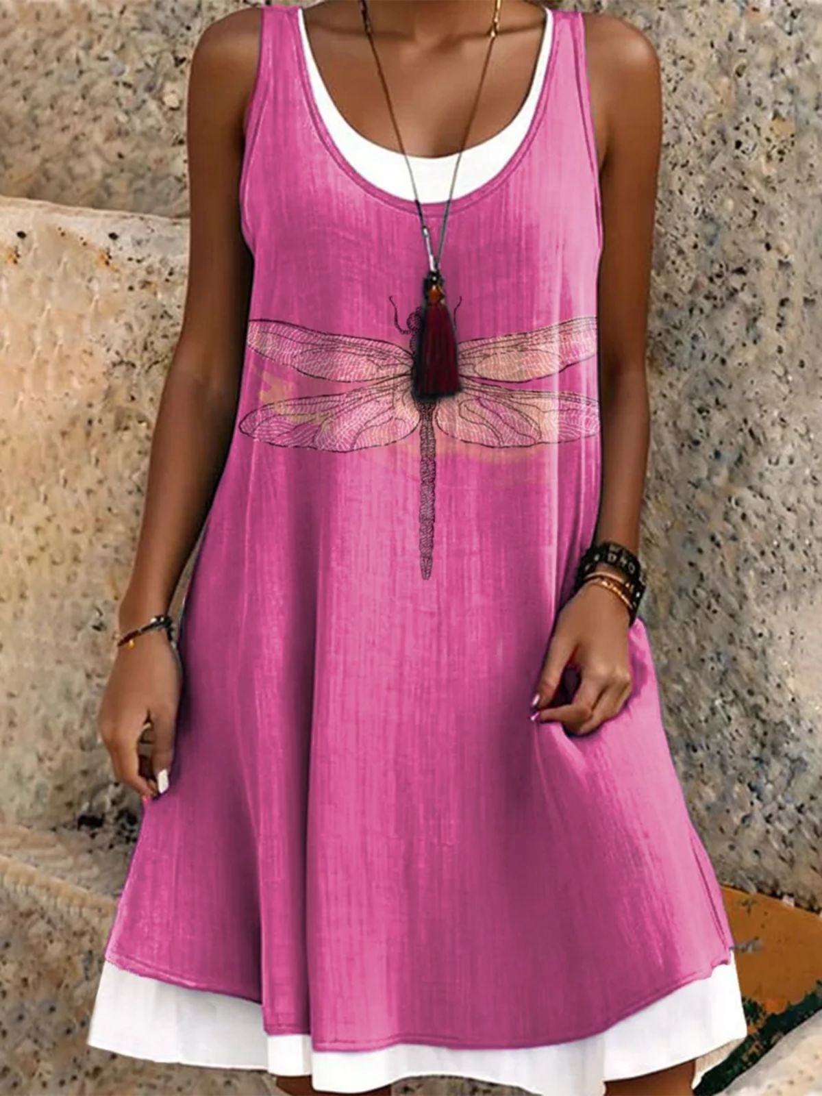 Damen Libelle Rundhals Ärmellos Bequem Lässig Midikleid