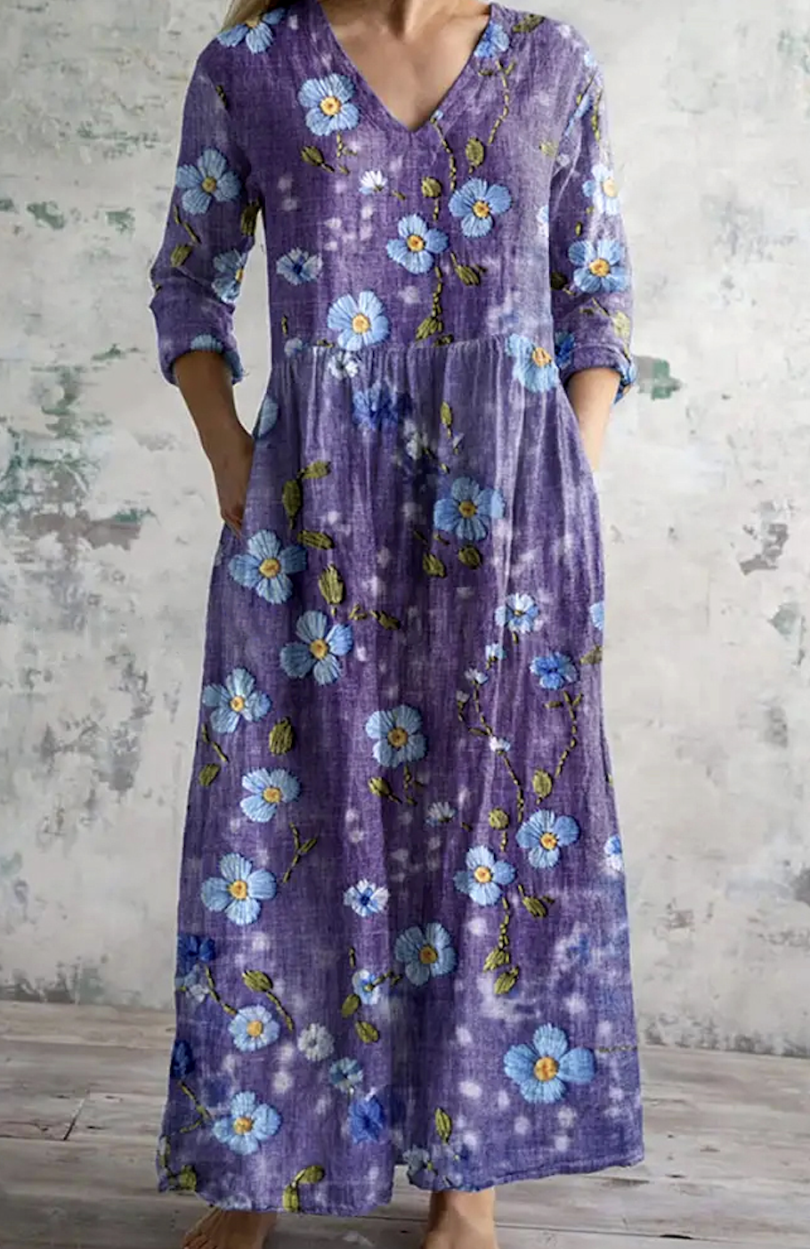 Damen Geblümt Rundhals Langarm Bequem Lässig Maxikleid