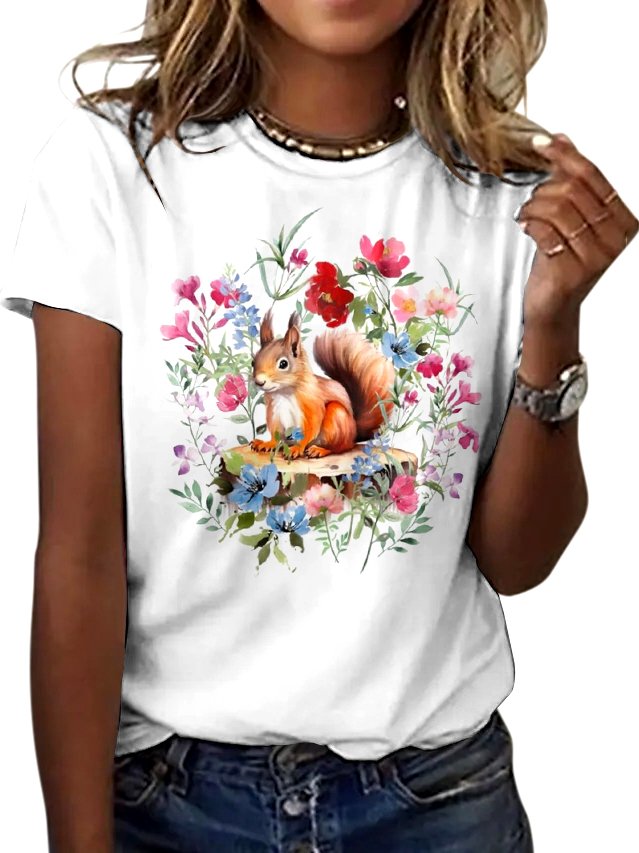 Lässig Geblümt Rundhals Kurzarm T-Shirt