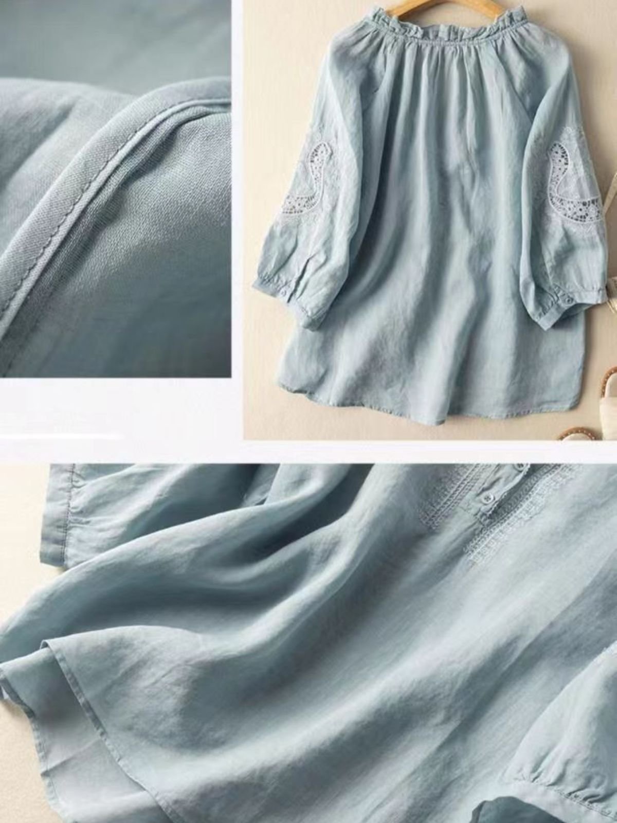 Lotus Blattkragen Langarm Unifarben Regelmäßig Weit Bluse für Damen