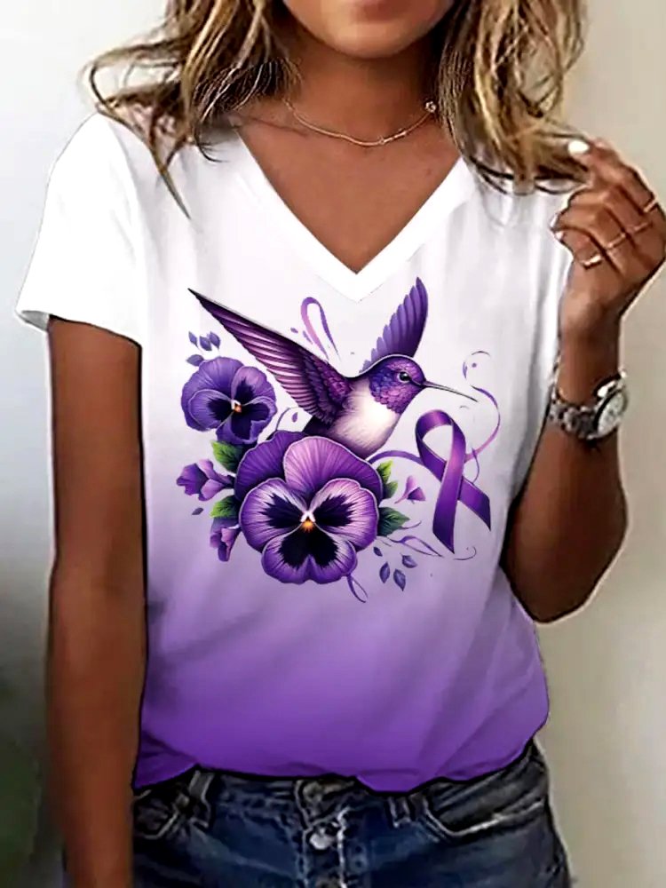Lässig Geblümt V-Ausschnitt Kurzarm T-Shirt