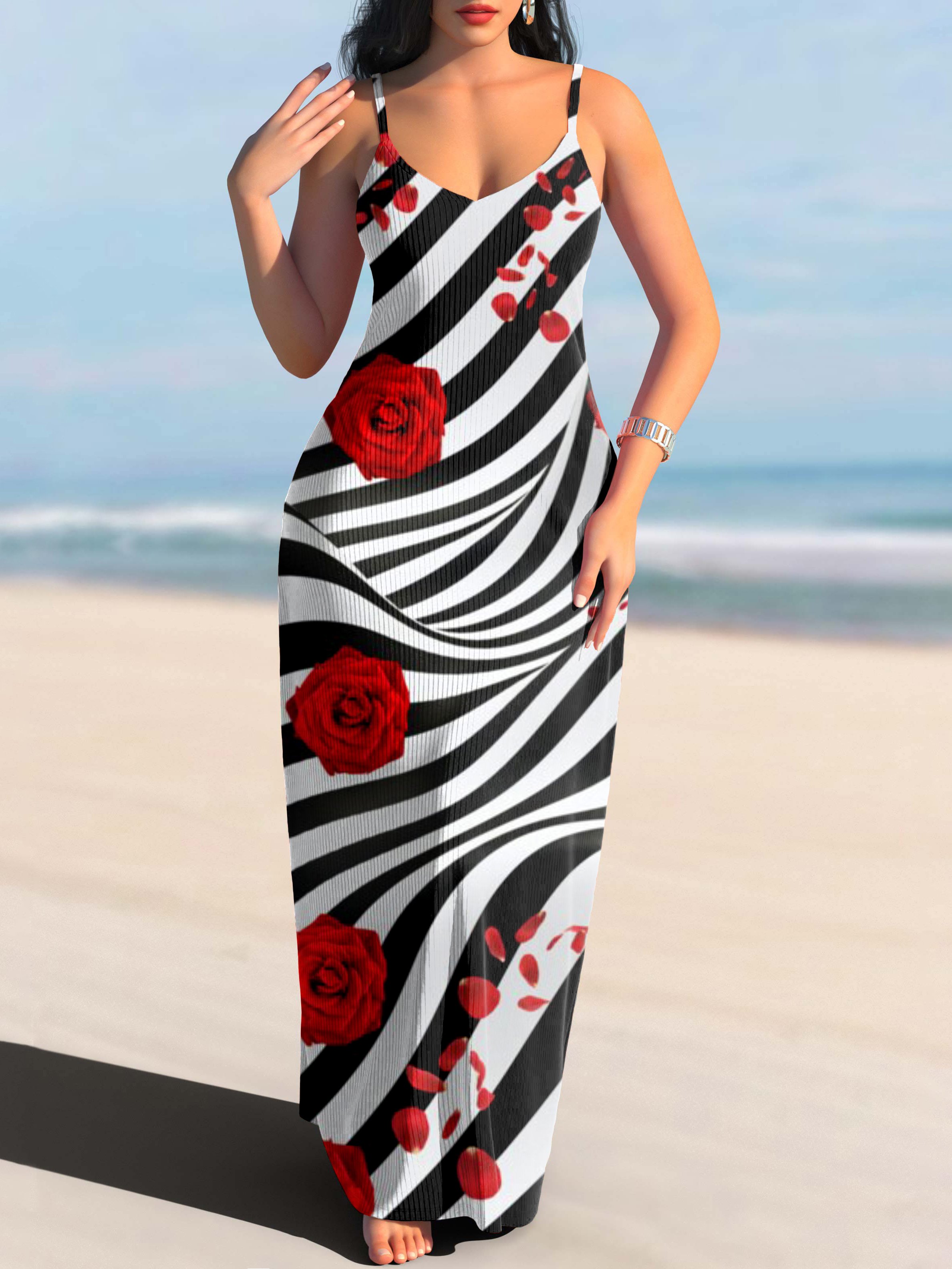 Damen Geometrisch Spaghettiträger Ärmellos Bequem Lässig Maxikleid