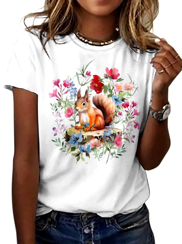 Lässig Geblümt Rundhals Kurzarm T-Shirt