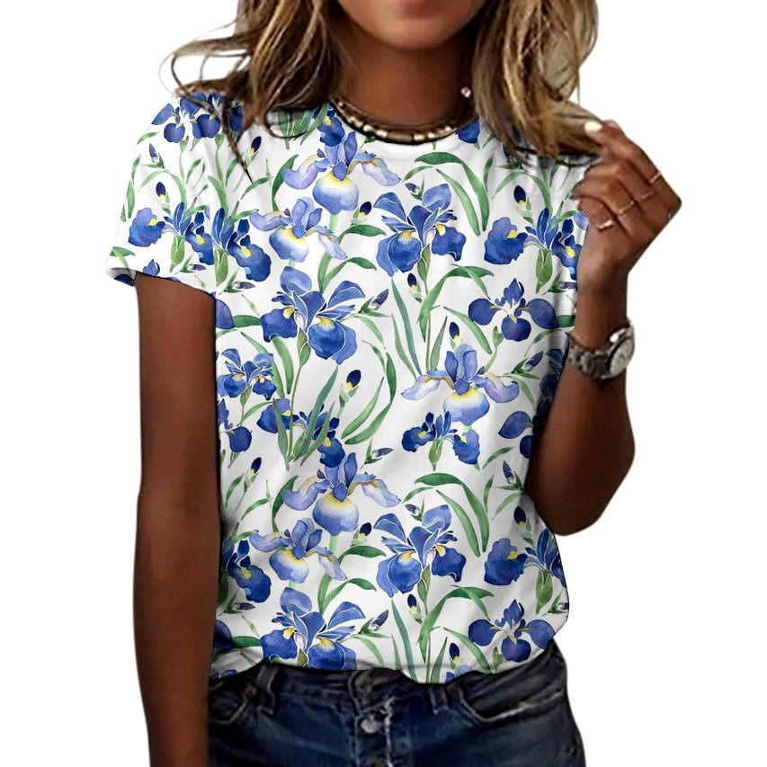 Lässig Geblümt Rundhals Kurzarm T-Shirt