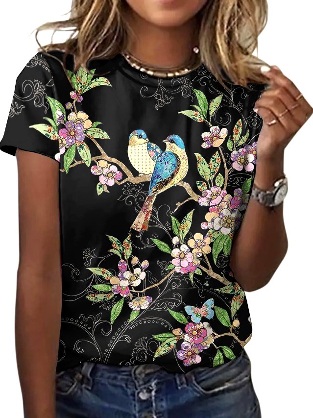 Lässig Geblümt Rundhals Kurzarm T-Shirt