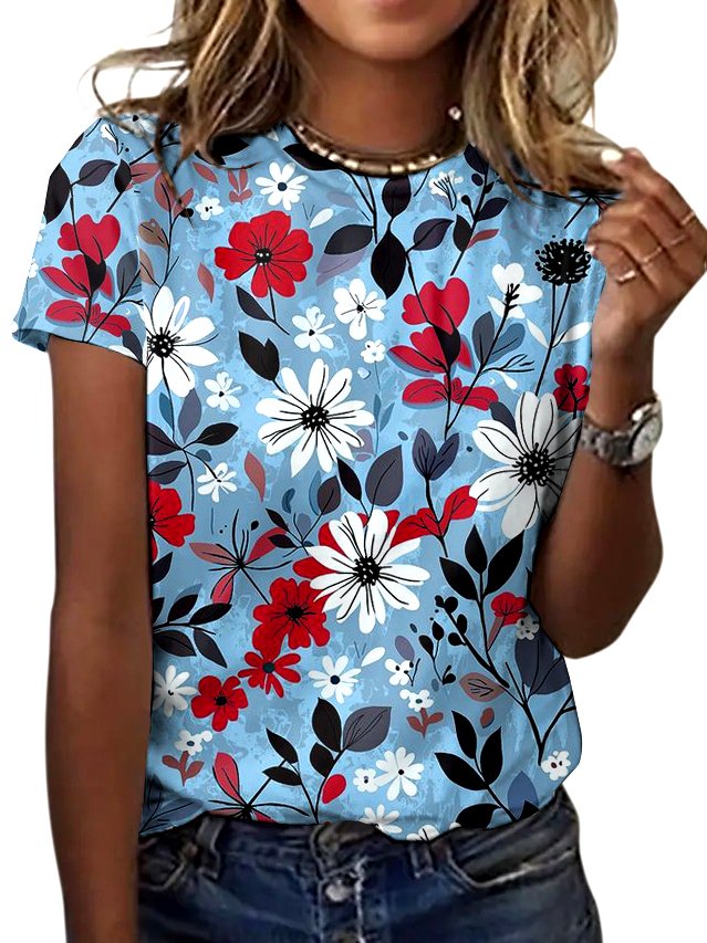 Lässig Geblümt Rundhals Kurzarm T-Shirt