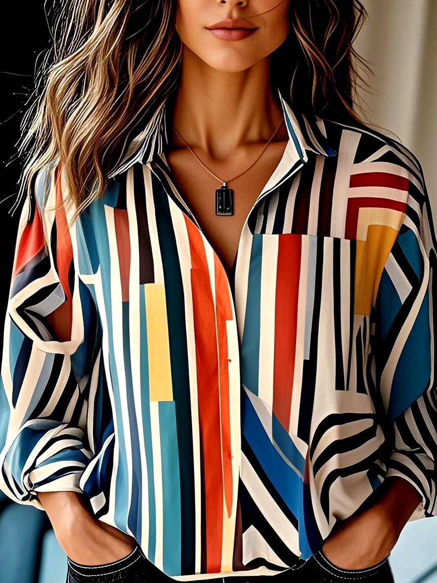Hemdkragen Langarm Geometrisch Regelmäßig Mikroelastizität Regelmäßige Passform Bluse für Damen