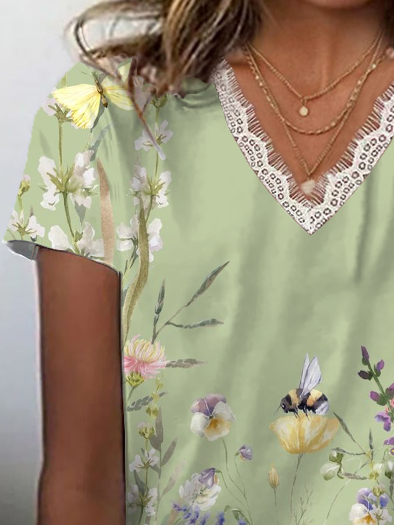 Lässig Geblümt V-Ausschnitt Kurzarm T-Shirt
