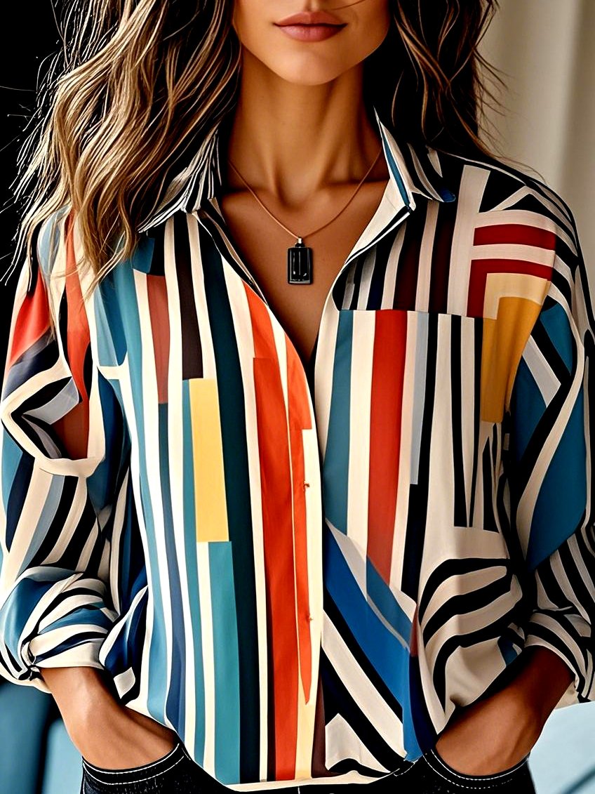 Hemdkragen Langarm Geometrisch Regelmäßig Mikroelastizität Regelmäßige Passform Bluse für Damen